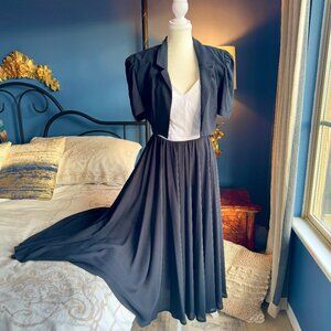 Vintage 90s Strapless White Bustier Black Skirt Chiffon Dress w Black Bolero